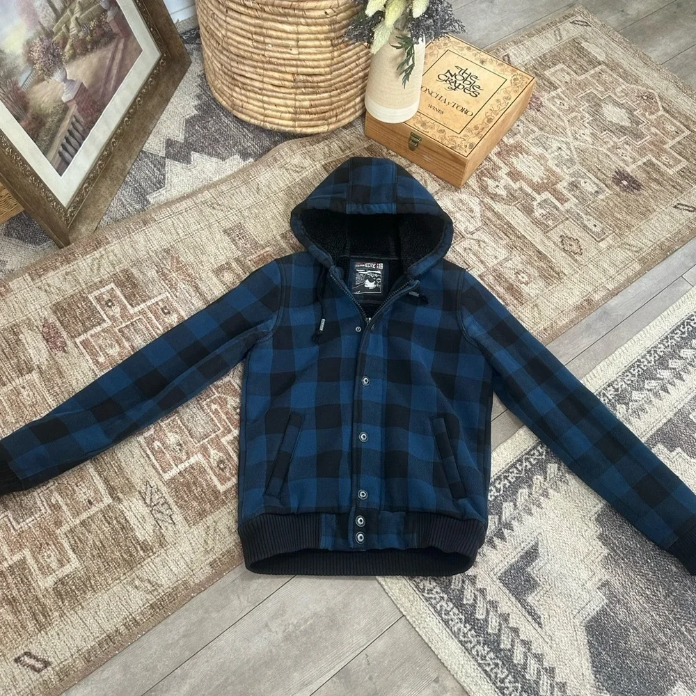 Vintage XDYE 90s Boys Blue Black Buffalo Plaid Hooded Zip Jacket Heavy Sz Small